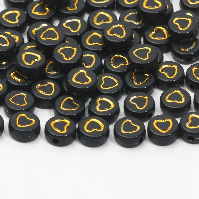 White Black Flat Round Acrylic Beads 4x7mm Gold Color Silver Color Heart Pattern Charms Beads For Jewelry Making Diy Accessories