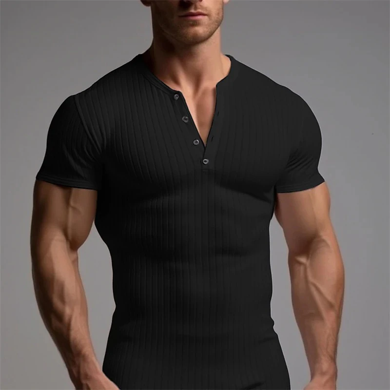 Casual Ribbed Solid Color Mens T-shirts Leisure O Neck Button Short Sleeve T Shirt Summer Men Sports Fashion Plain Tee Pullovers