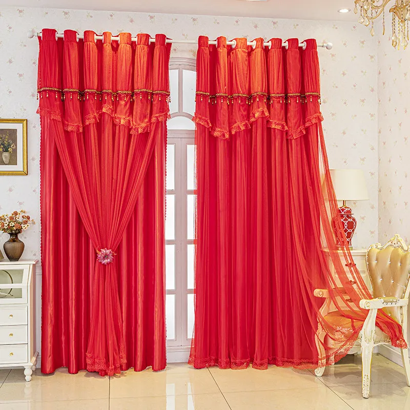 Luxury Red Floral Embroidered Sheer with Blackout Curtain Double Layer Drapes for Wedding Valentine’s Day Living Room or Bedroom