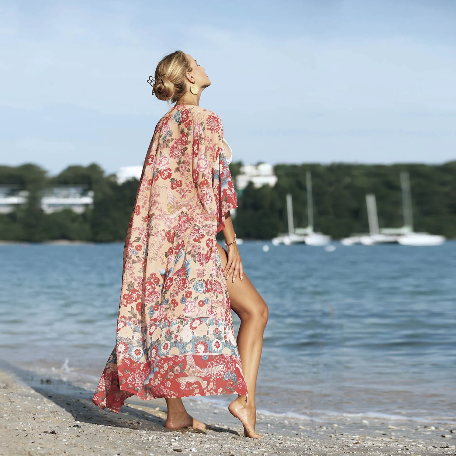 Nighpha Summer 3/4 Sleeve Bohemian Floral Long Cardigan Women Printd Beach Holiday Kimono Chiffon Cover Up