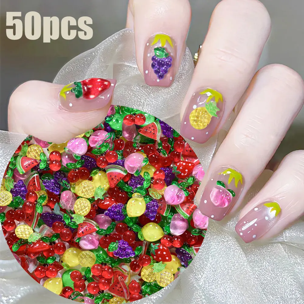 50pcs 3D Mixed Fruit Nail Charms Cute Resin Strawberry Grape Cherry Nail Decorations Colorful Summer Fruit DIY Nail Accessories
