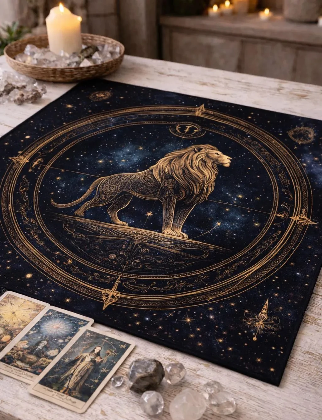 Leo Zodiac Tarot Altar Cloth, Golden Lion Astrology Divination Mat, Boho Witchy Tablecloth, Flat Print