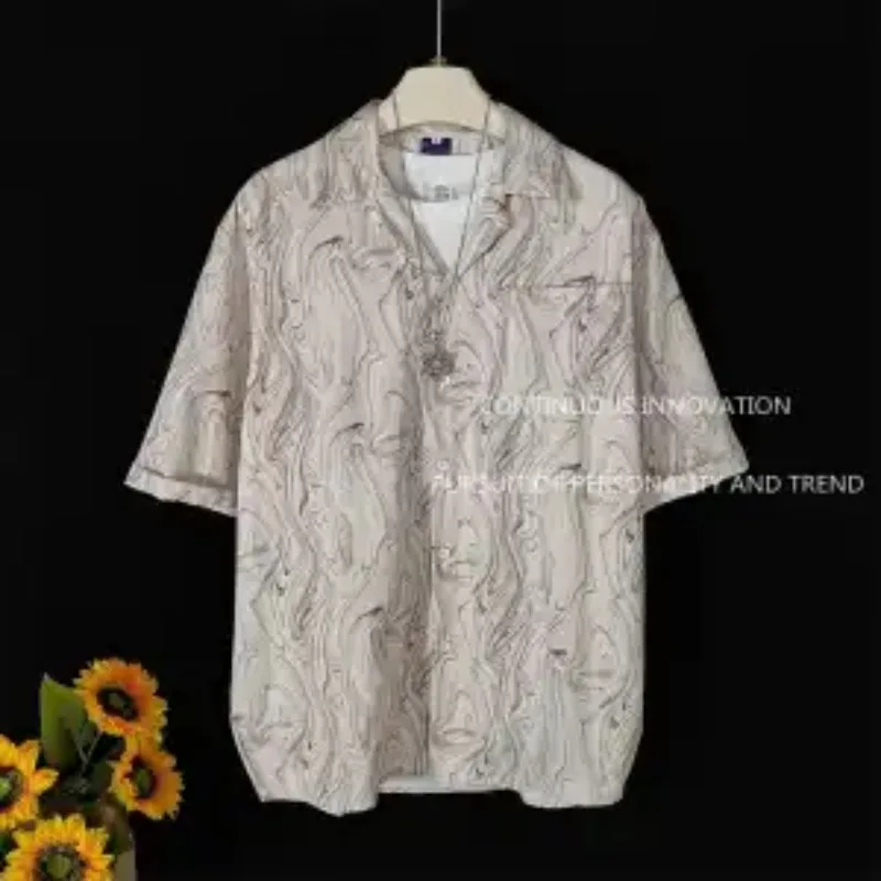 

Мужская летняя рубашка с коротким рукавом в японском стиле с мраморным принтом и кубинским воротником для повседневной носки