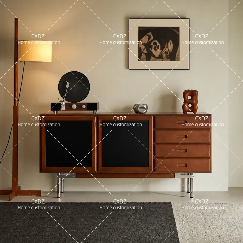 Solid Wood Side Cabinet Retro Nordic Style Storage Chest for Living Room Home Organization Antique Finish Furniture