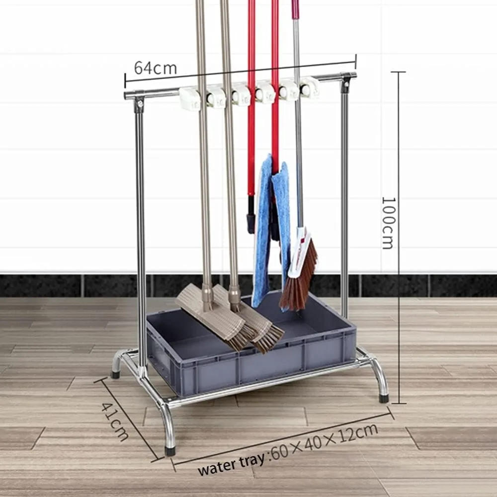 رف تخزين المكنسة والممسحة المصنوعة من الفولاذ المقاوم للصدأ لتنظيم الأدوات الصحية في الحديقة والمرآب والمطبخ