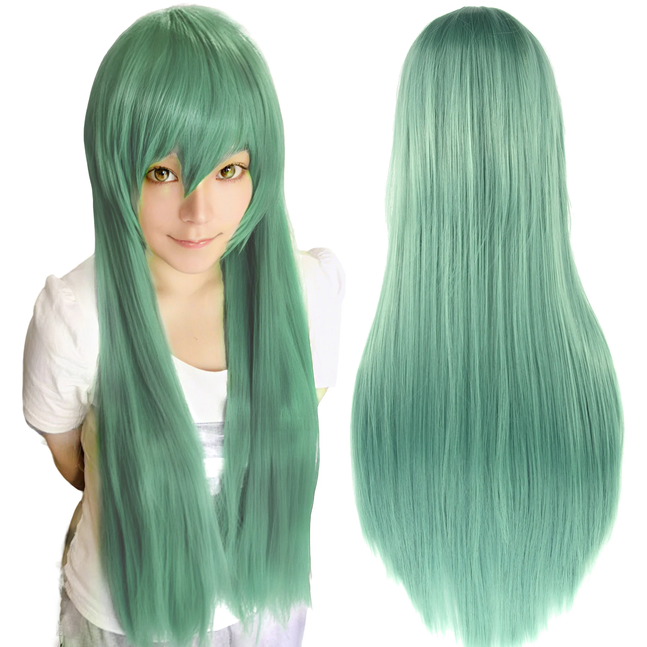 

Synthetic Hair Light Green Straight Long Wig Anime Cosplay Mion Sonozaki Halloween Costume Hair Shion Sonozaki Wig with Bangs