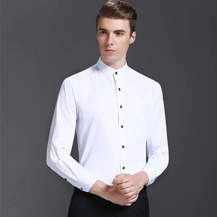 

Chinese Stand Collar Men's Business Casual Shirt Slim White Evening Dinner Shirt Homme Suit Formal Long Sleeve Shirts