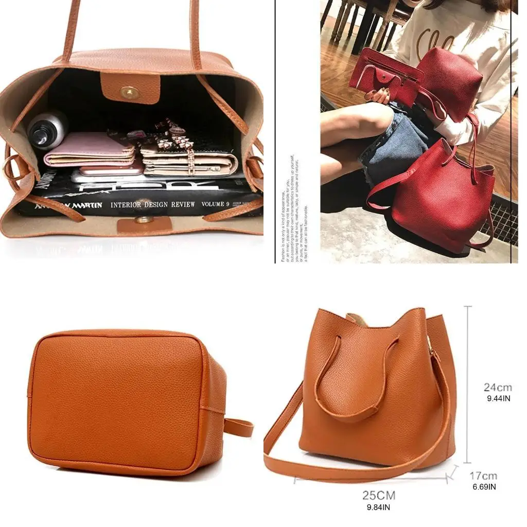 

R1WE 4PCS/SET Кожаная женская сумочка сумки для плеча сумки для карты кошелек мессенджера