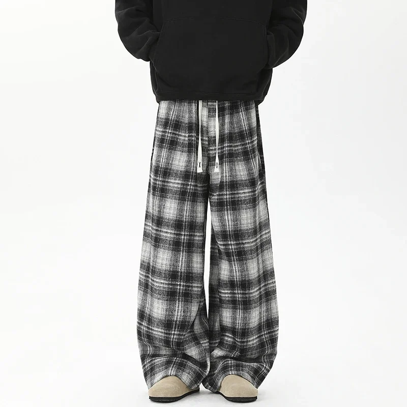 

American Retro Checkered Casual Pants for Men Tide Wide Leg Casual Pants Hip-hop Streetwear Baggy Trousers