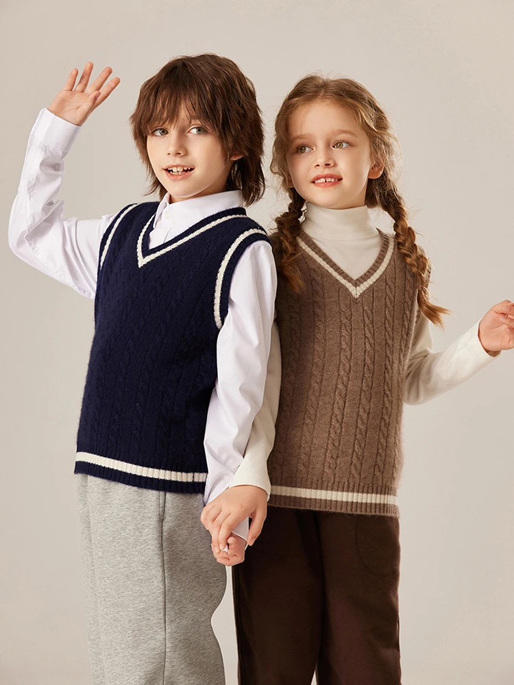 

ADDONEE Children's 100% Cashmere Sweater Kids Preppy Style V-neck Waistcoat Autumn Winter Sleeveless Pullover Cashmere Knitwear