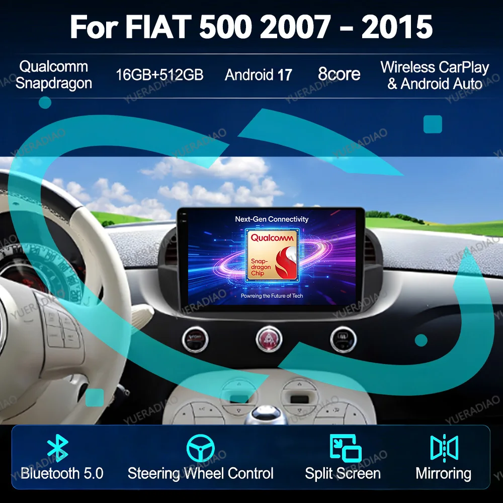 Android 17 Car Radio For FIAT 500 2007 - 2015 Qualcomm 2DIN Multimedia Stereo Video Player 4G WIFI QLED BT GPS NAVI Head Unit
