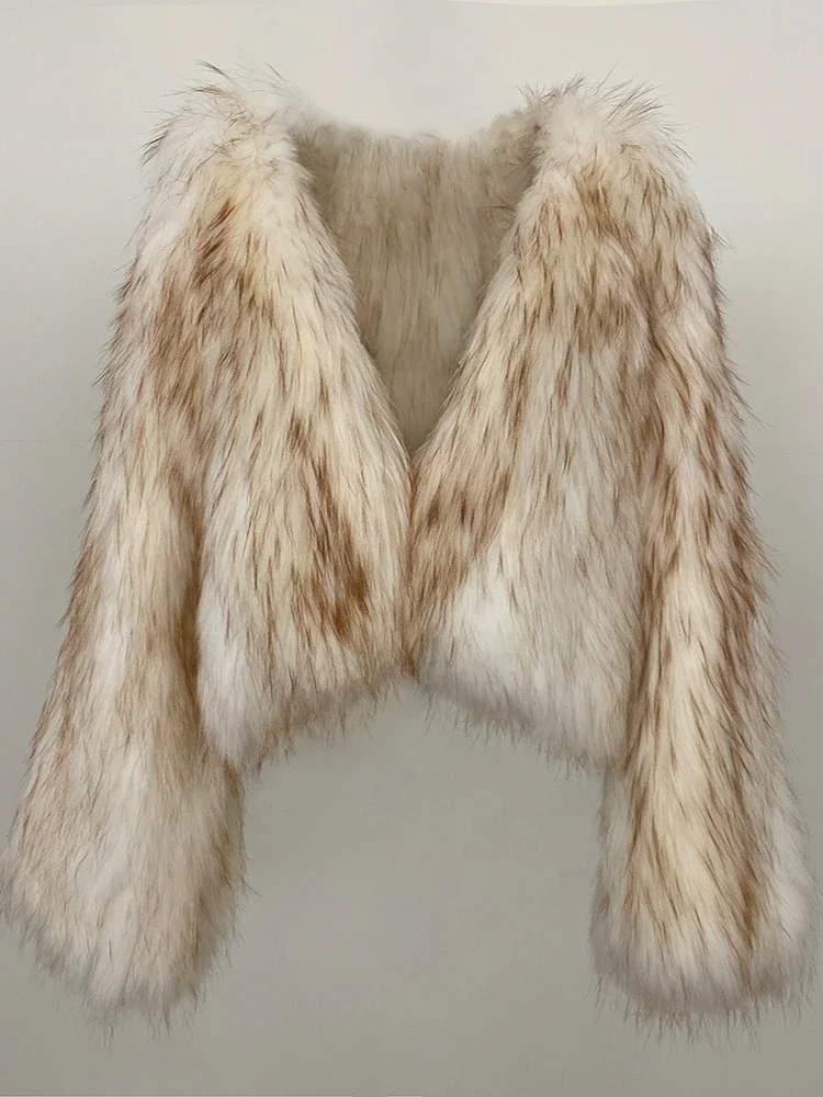 

2025 Women's Thickened Warm Short European Autumn Winter V-neck Double-sided Woven Fur Coat Natural Raccoon Fur Jacket