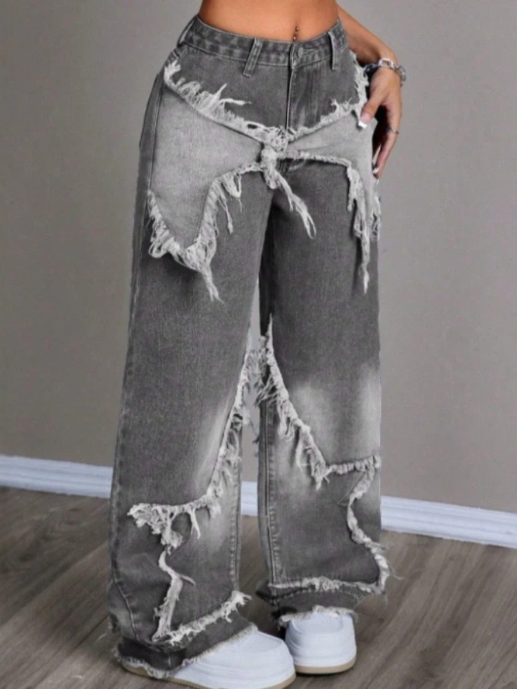 HOUZHOU Vintage Y2k Gray Jeans Women Star Patchwork 90s Gothic Denim Trousers Harajuku 2000s Black Baggy Jean Pants Aesthetic