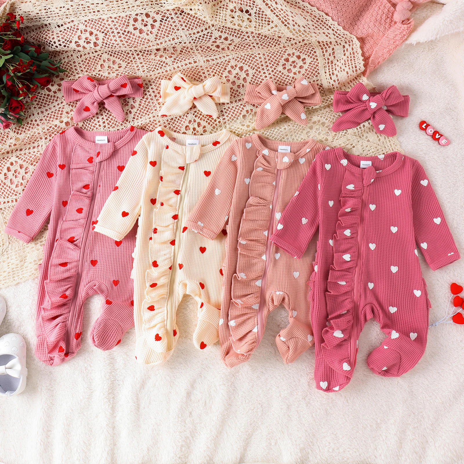 2PCS Autumn From 0 To June Newborn Baby Comfortable Cute Round-Neck Waffle Check Heart Zipper Long-Sleeved Footsuit