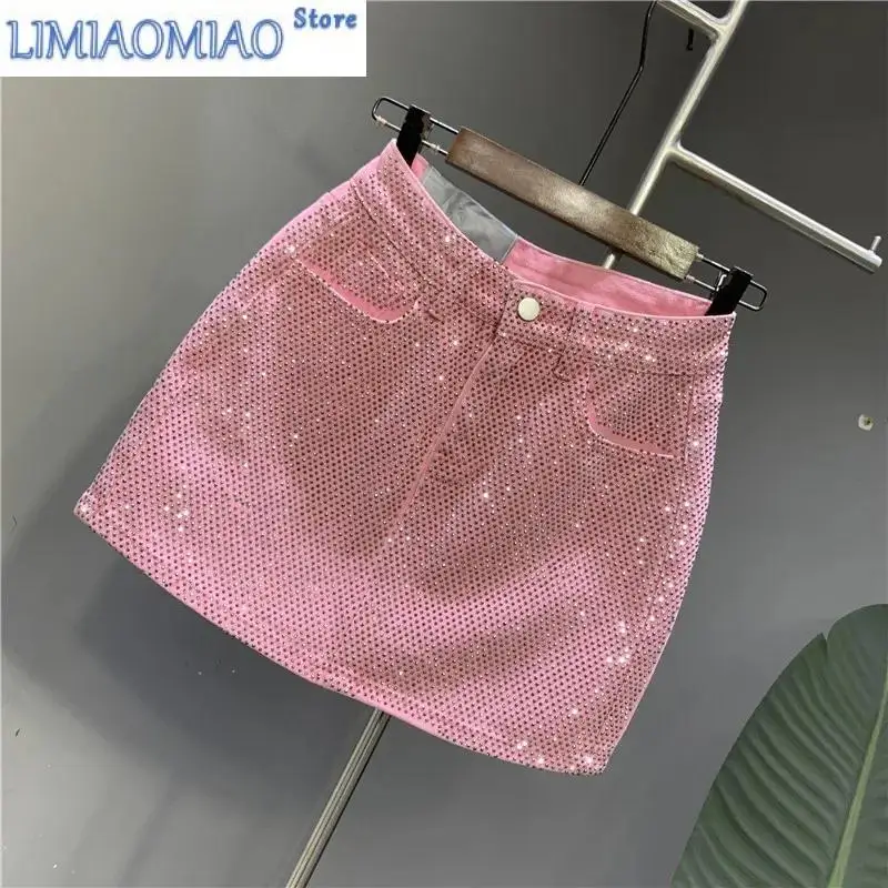 Heavy Industry Hot Drilling High-End Denim Skirt Spring And Summer High Waist Pink Sexy A-Word Skirt