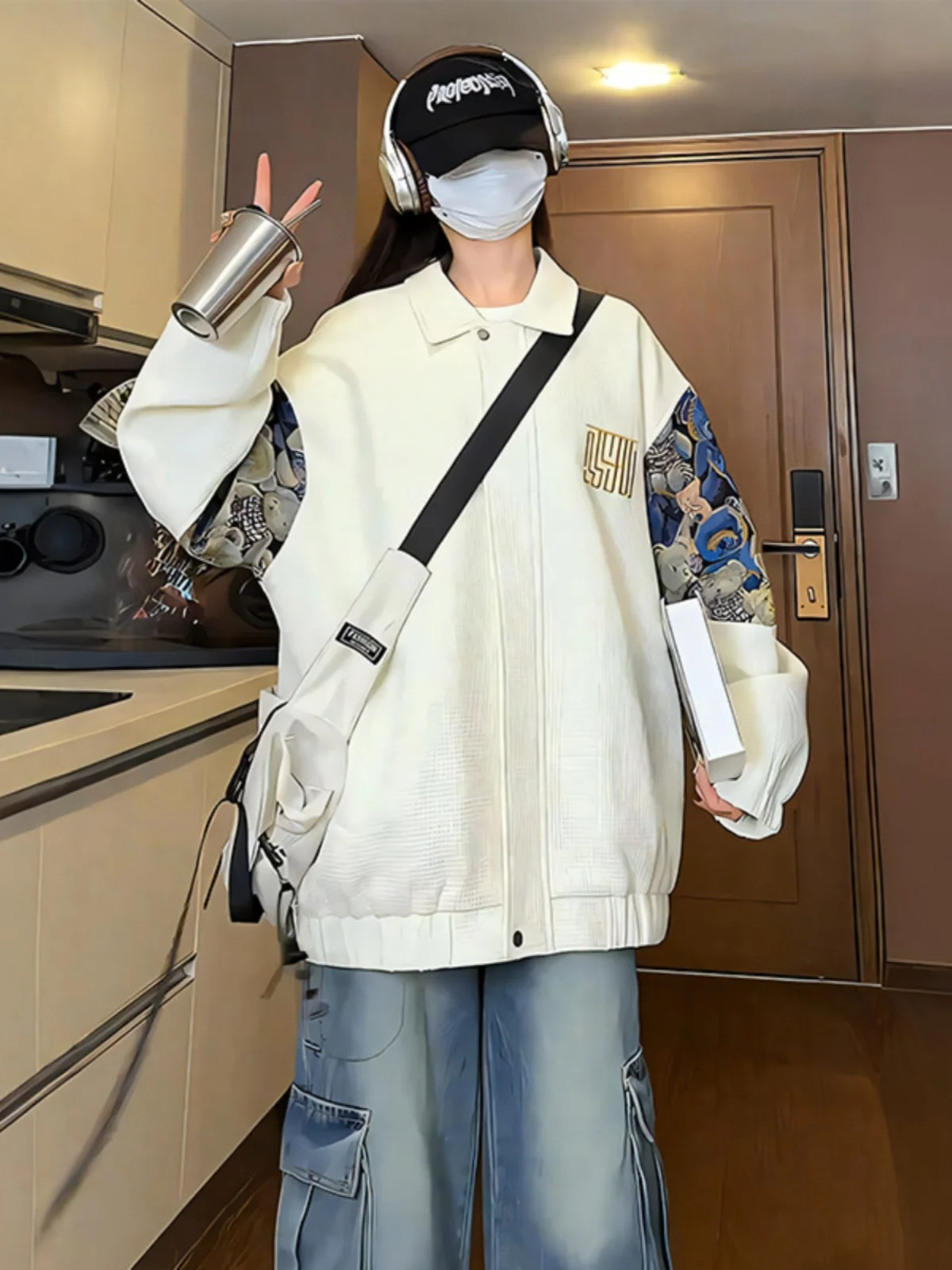 

New Chinese Sle Bear Patchwork Jaet Men's Spring Autumn Faion Brand Cool Haome Turn-down Collar Baseball orm
