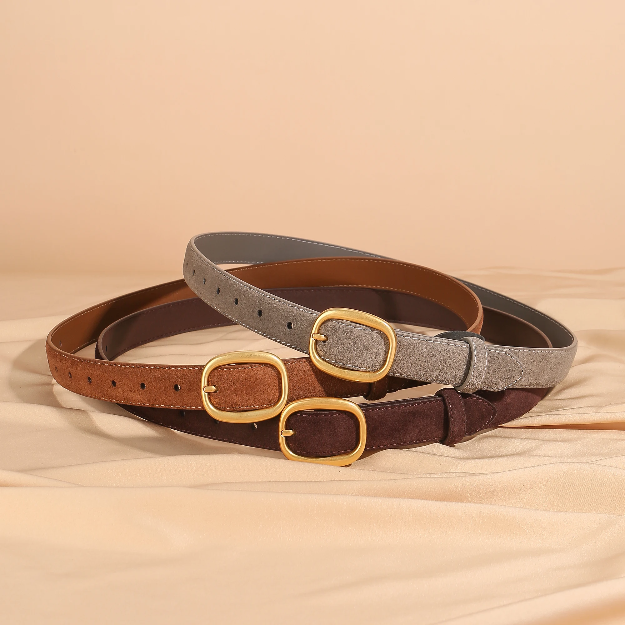 Vintage Suede Leather Belt for Women - Fashion Gold Circle Buckle Waist Belts for Jeans