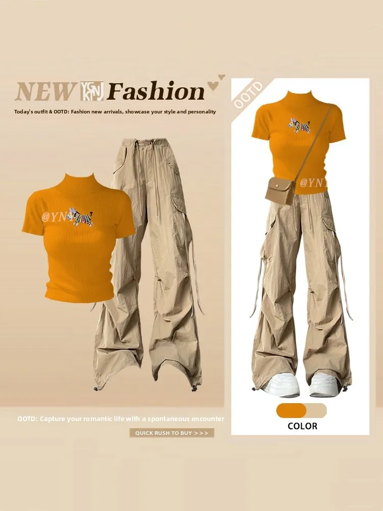 

Оранжевая летняя футболка с коротким рукавом, облегающая, сексуальная, с мультяшным принтом, повседневная рабочая одежда, брюки, комплект из двух предметов, женская мода