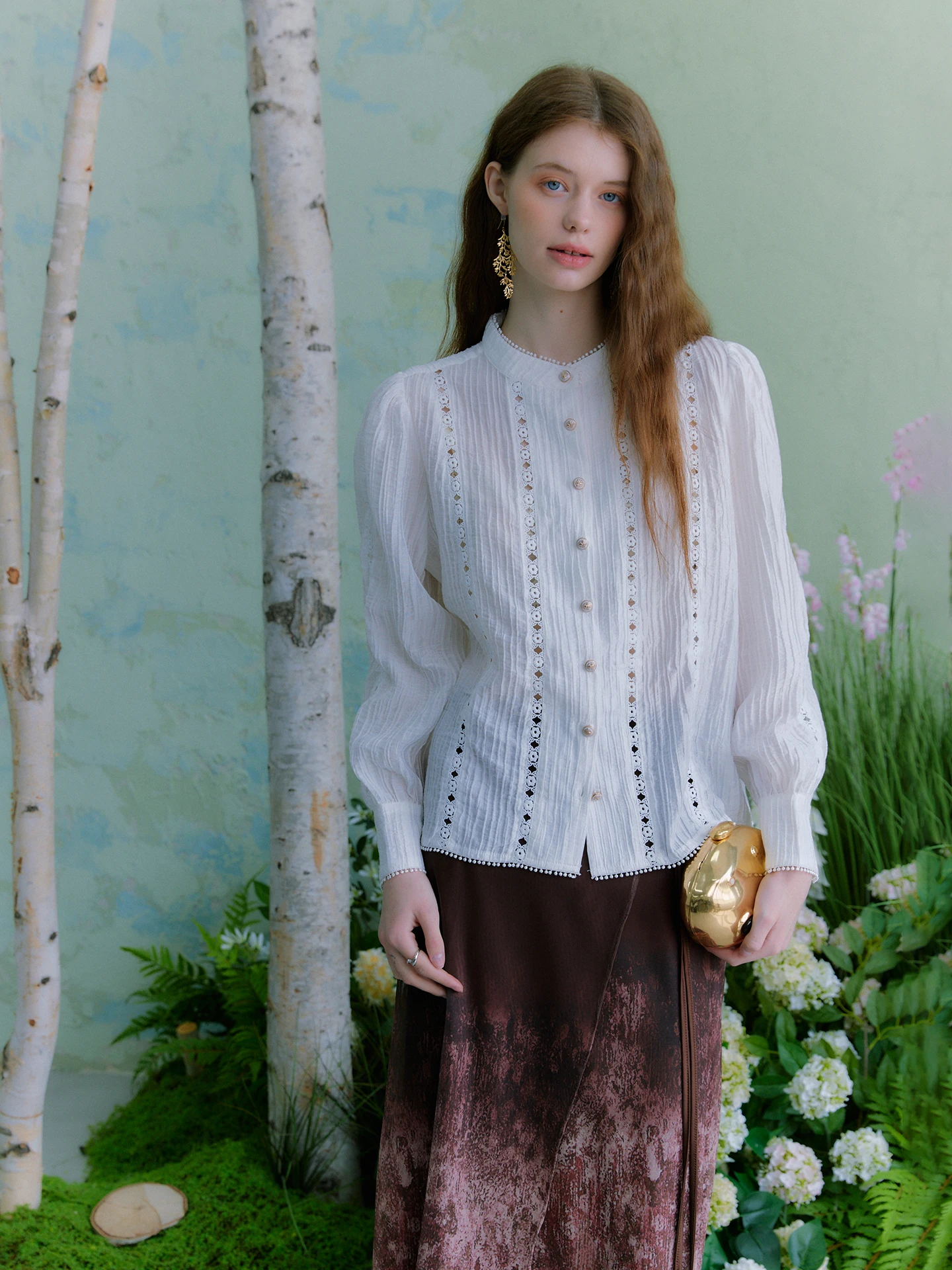 

Винтажная женская блузка Oz с кружевными вставками и длинными рукавами, воротник-стойка, весенняя мода, французский стиль, прямой крой, лирический дизайн