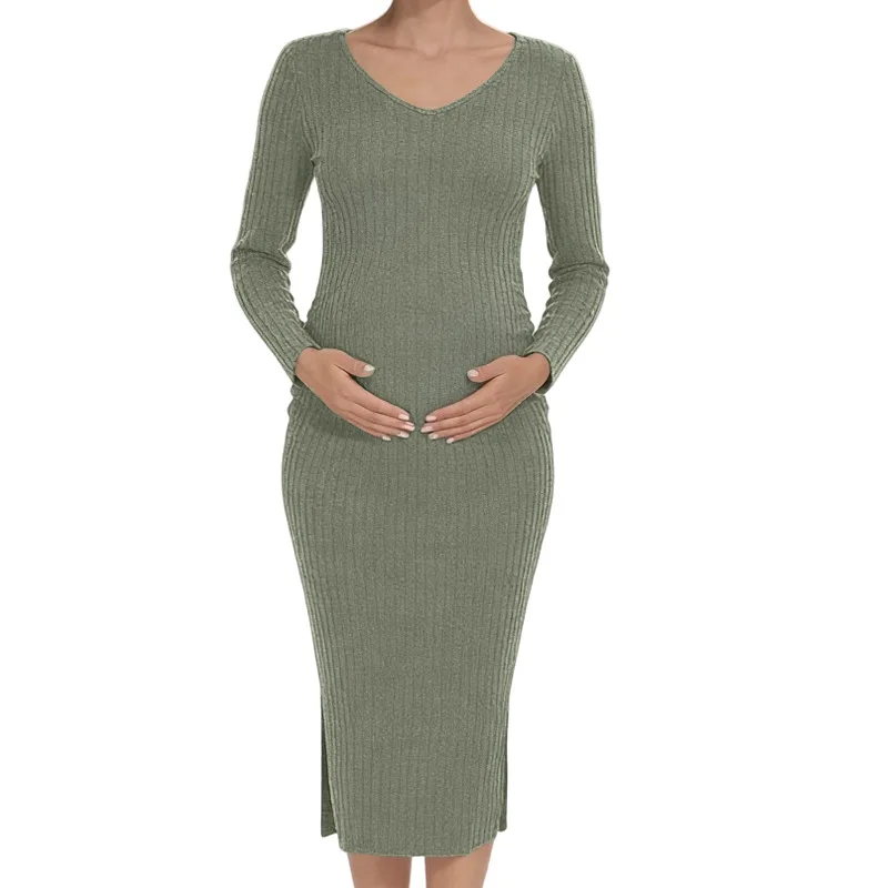 Pregnant Women's V-Neck Knitted Dress High Waist Slim Fit Pleated Split Skirt for Belly Covering