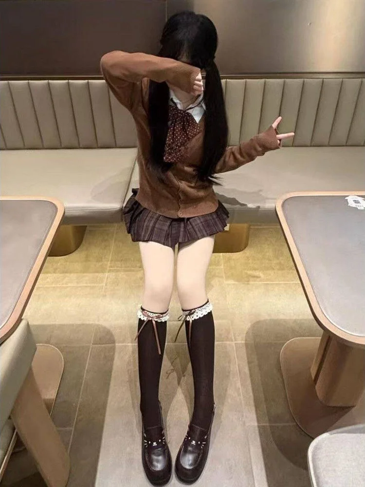 

Карамельный вязаный свитер для колледжа, милая осенне-зимняя атмосфера, мягкая юбка для девочек, открытый кардиган, пальто, модный комплект