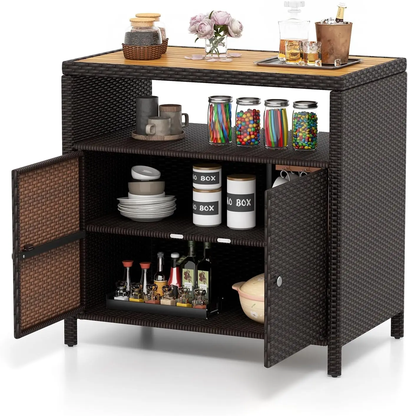 Rattan Storage Cabinet, Outdoor Patiojoy Buffet Cabinet with Acacia Wood Countertop, Open Compartment & Enclosed Cabinet