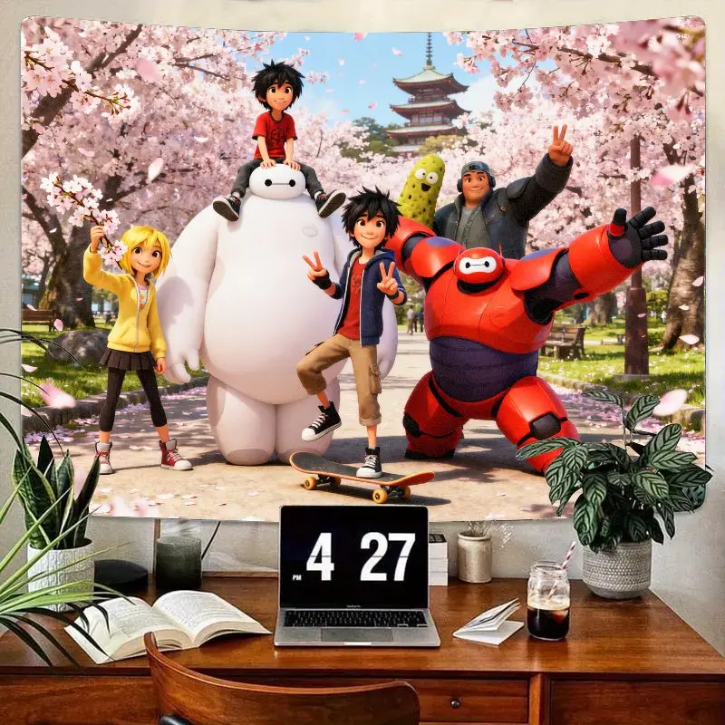 

1 шт. Big Hero 6 Baymax Hiro & Friends гобелен с вишневым цветом, настенное искусство в стиле аниме для декора спальни, гостиной, эстетический мультяшный ги