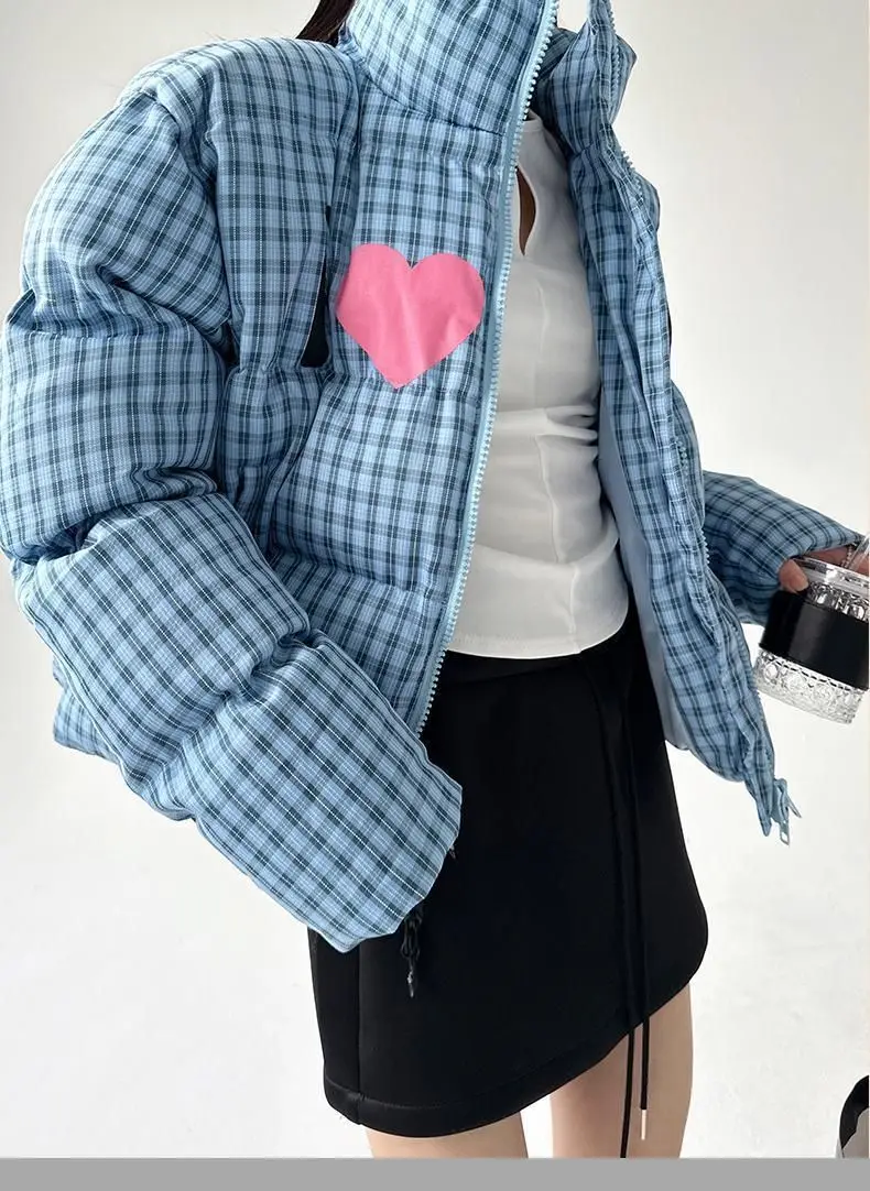 Short-line Check Cotton Coat with Padding, Women's Trendy Casual Coat, Cotton Jacket