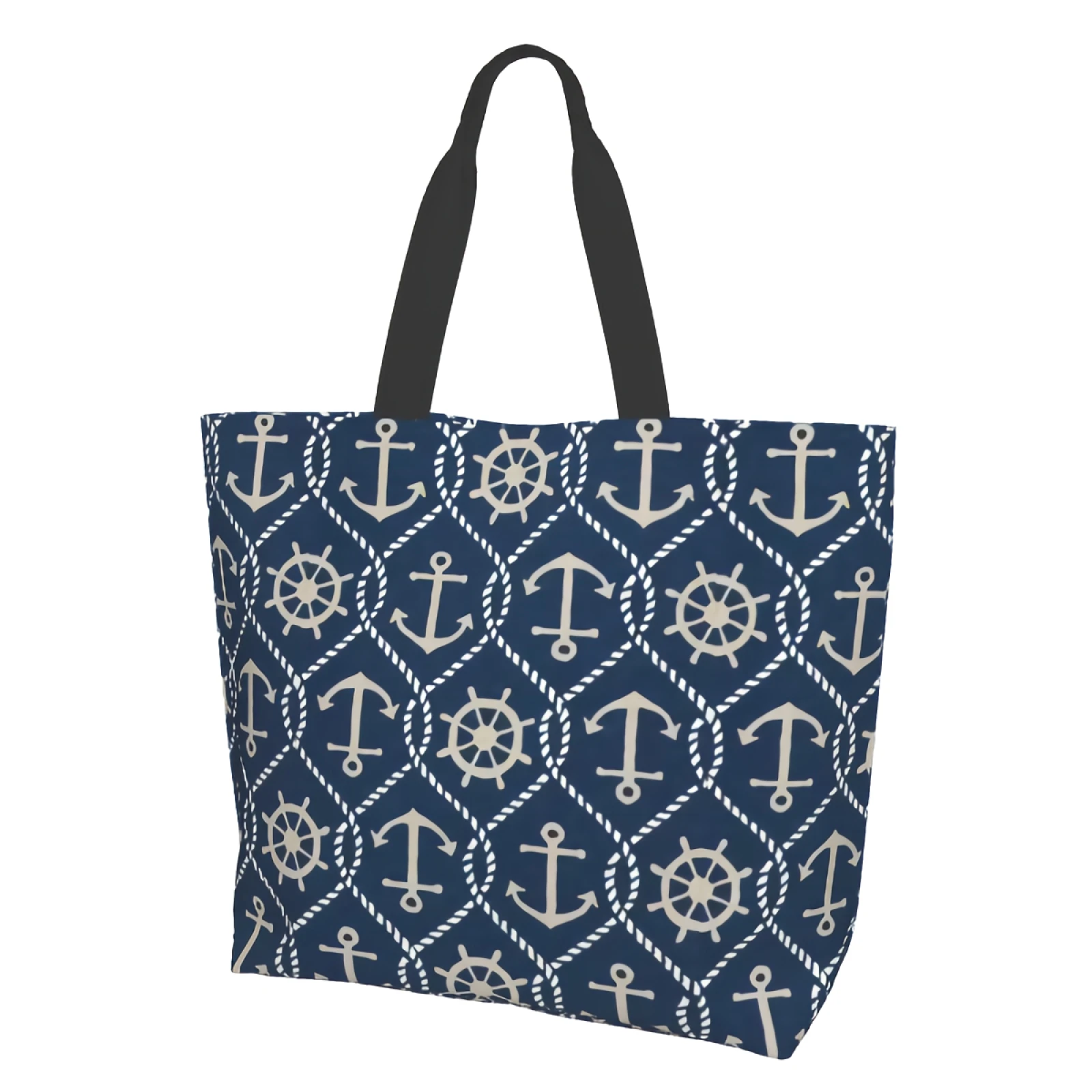 Vintage Blue Nautical Anchor Rope Helm Navy Art Retro Canvas Tote Bag for Women Weekend Kitchen Reusable Grocery Bag