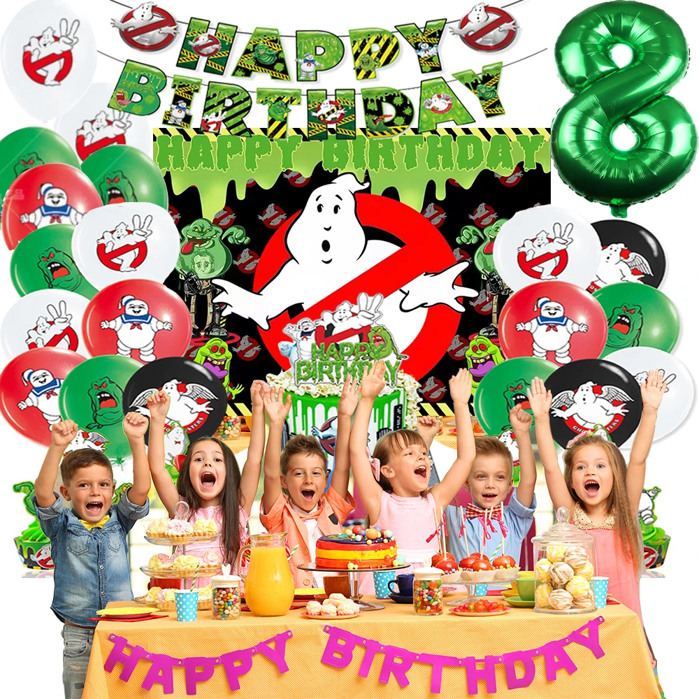 Cartoon Ghostbusters tema festa di compleanno forniture ragazzi Green Ghost Balloon Banner sfondo Cake Topper bambini Baby Shower regalo