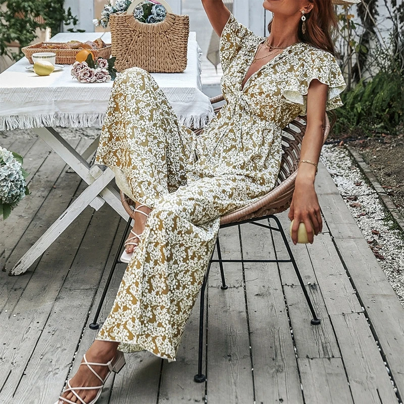 

Women Short Sleeve Wide Leg Long Pant Jumpsuit Sexy Ruffle Trim V-Neck Tie Knot Front Floral Print Rompers Loose Overall