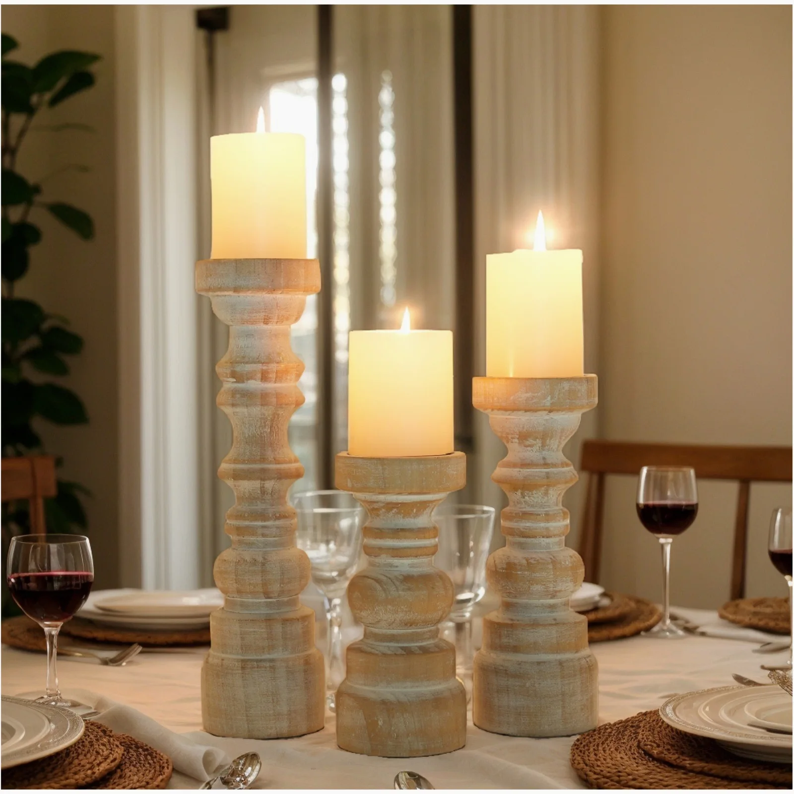 Juego de 3 Portavelas de Madera para Velas de Pilar – Estilo Rústico Campestre, Acabado Marrón Natural, Aspecto Artesanal, Resistentes y Duraderos