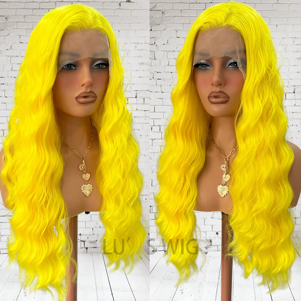 Yellow Natural Wave Lace Wig Synthetic Lace Hair Long Loose Curly Wig Yellow Wig Lace Front Wigs for Women Ready to Wear Cosplay