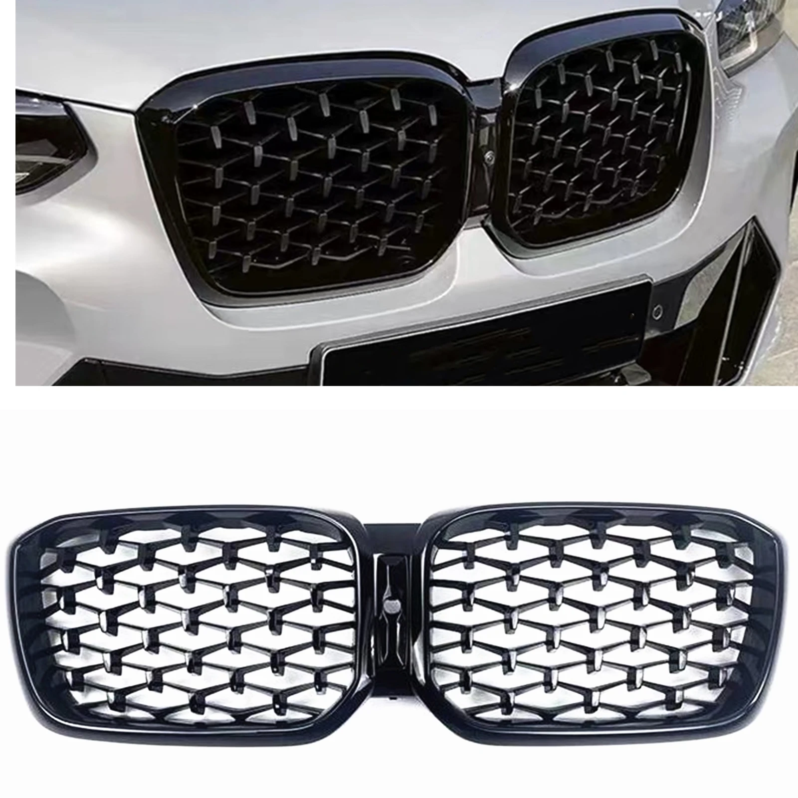 

Car Front Kidney Grille Double Line Style For BMW X3 X4 G01 G08 G02 2022 Glossy Black Upper Bumper Hood Mesh Racing Grills Grid