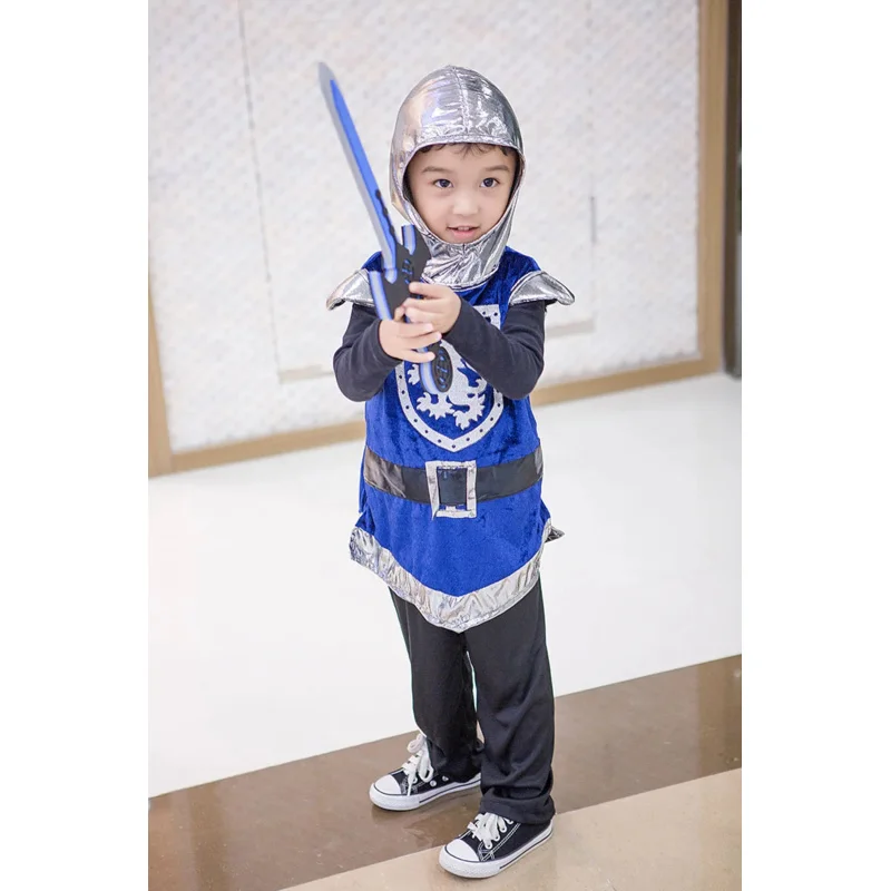 Kid Boys Medieval Knight Warrior Sword Costume Infant Lancelot Cosplay Crusader Hooded Outfit Armor Vest Coat Pants For Children