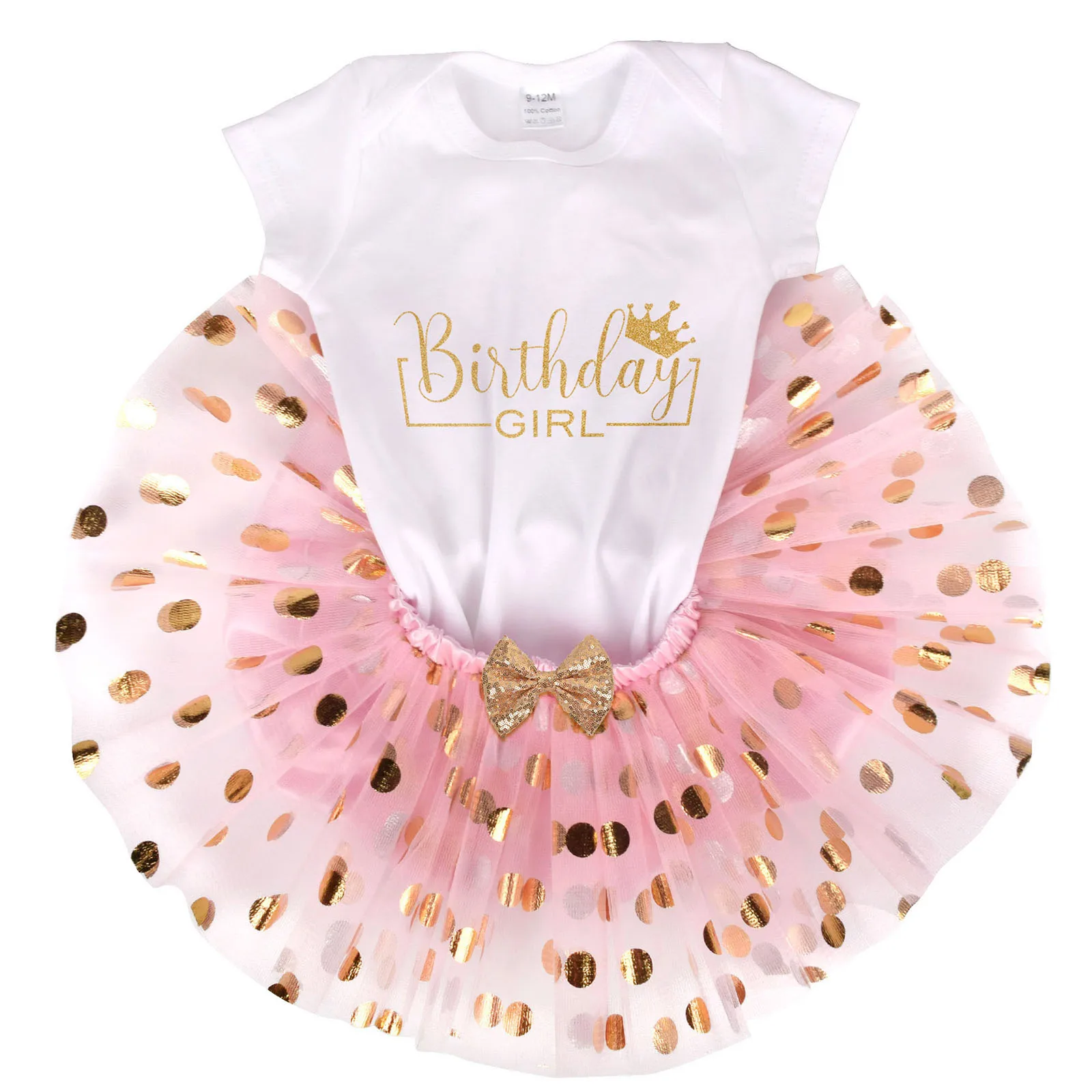 Infant Baby Girls Birthday Party Outfit Short Sleeve Letter Printed Romper with Mesh Princess Tutu Skirt And Crown Headband Set