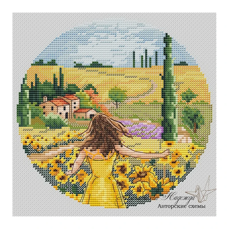 

Cross-stitch set: Back View Girl Sunflower Villa 28ct, 18ct, 14ct, 11ct. You can choose the printed fabric hand-embroidery mater