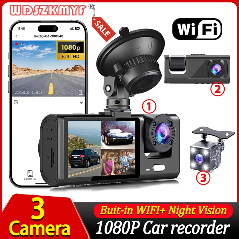 3Channel Dash Cam for Car 1080P Video Recorder WIFI APP Dashcam Car DVR  Front and Rear View Camera Night Vision car accessory 