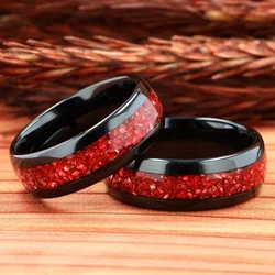 Ruby Red and Black Tungsten Wedding Band, 8Mm Mens Ring, Crushed Red German Glass Stones Polished Unique Band