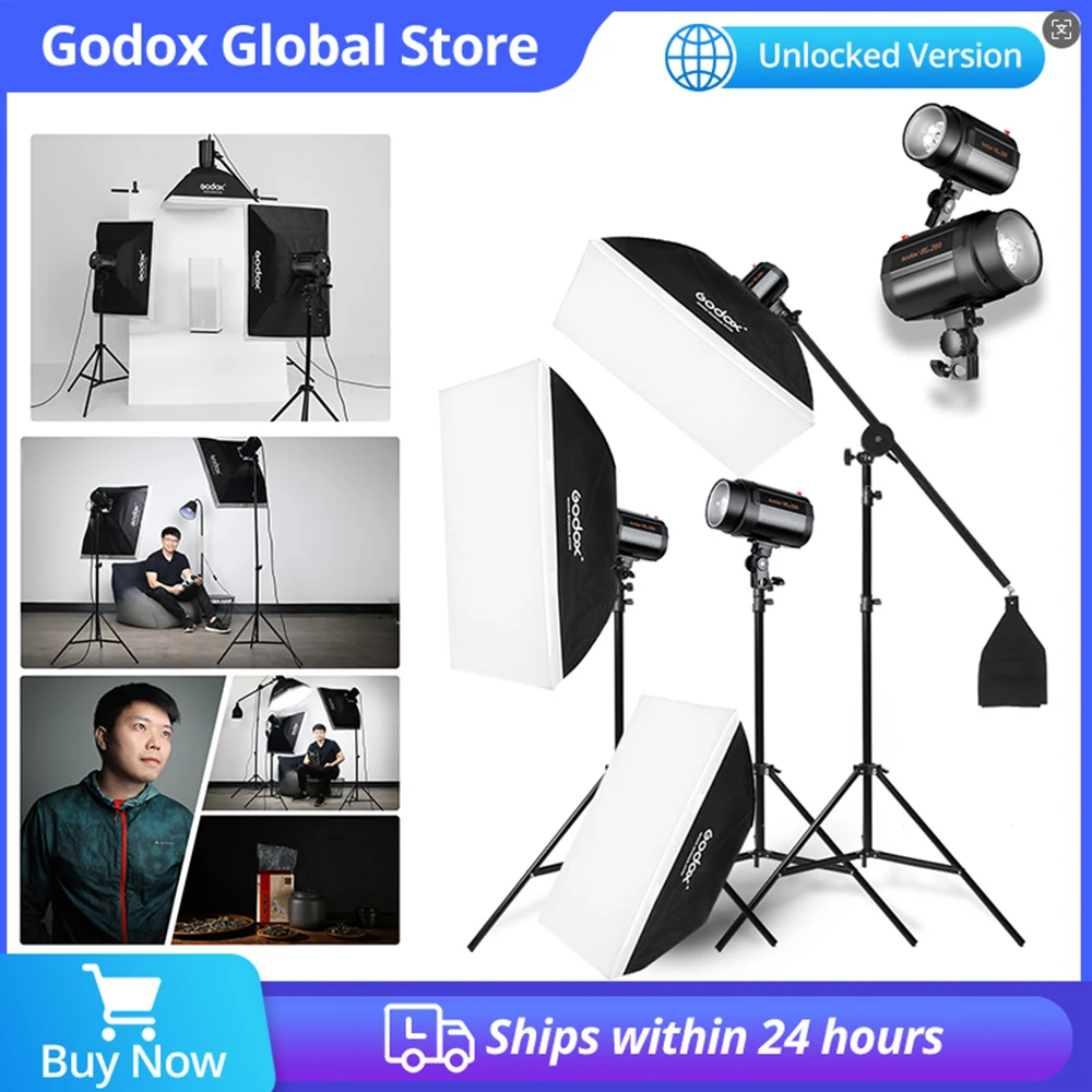 Godox 3 x 200W Strobe Studio Flash Light Kit with AT-16 Trigger + 3x  Softbox + 3x 200cm Light Stand + Reflector +Boom Arm