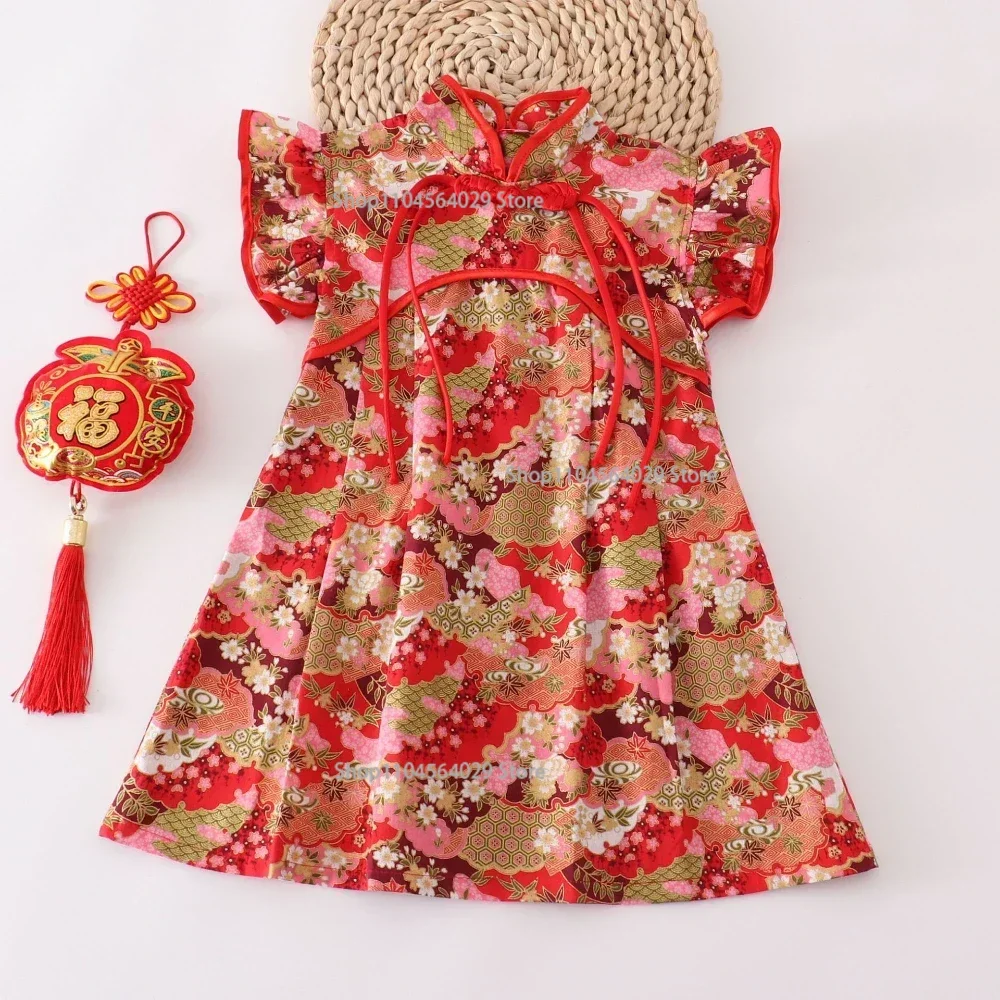 Fashion Casual Girls Dresses Perform Outfit Summer Kids Cheongsams Costume Red Baby Qipao Chinese Girl Clothes Dress Vestidos