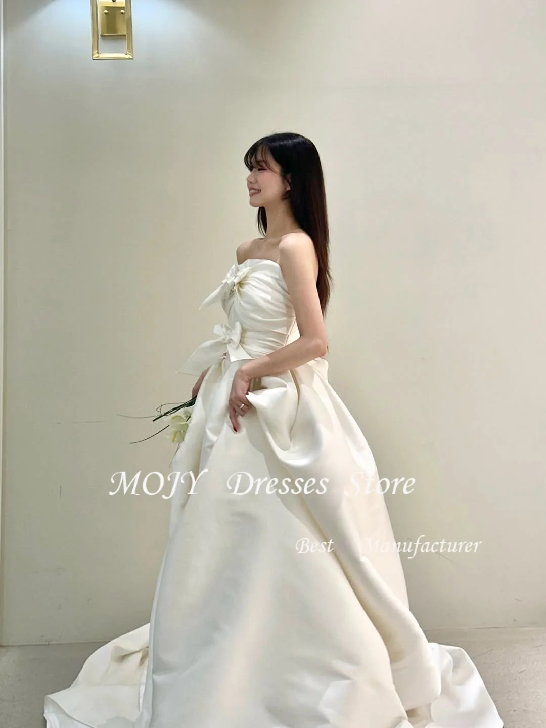 모지 코리아 A라인 민소매 새틴 웨딩드레스 코르셋 심플 아이보리 맞춤 예쁜 신부 드레스 스트랩리스