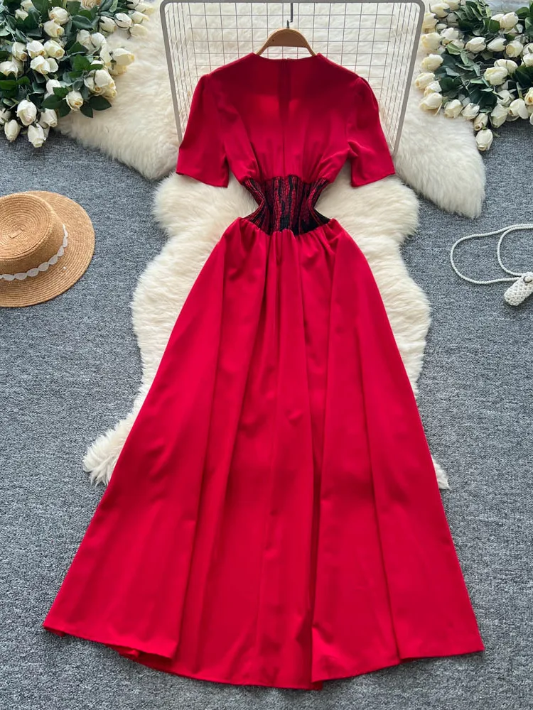 우아한 프린트 여름 드레스 여성용 브이넥 반팔 하이웨이스트 슬림 롱 드레스 한국 스타일 도시 출퇴근 패션