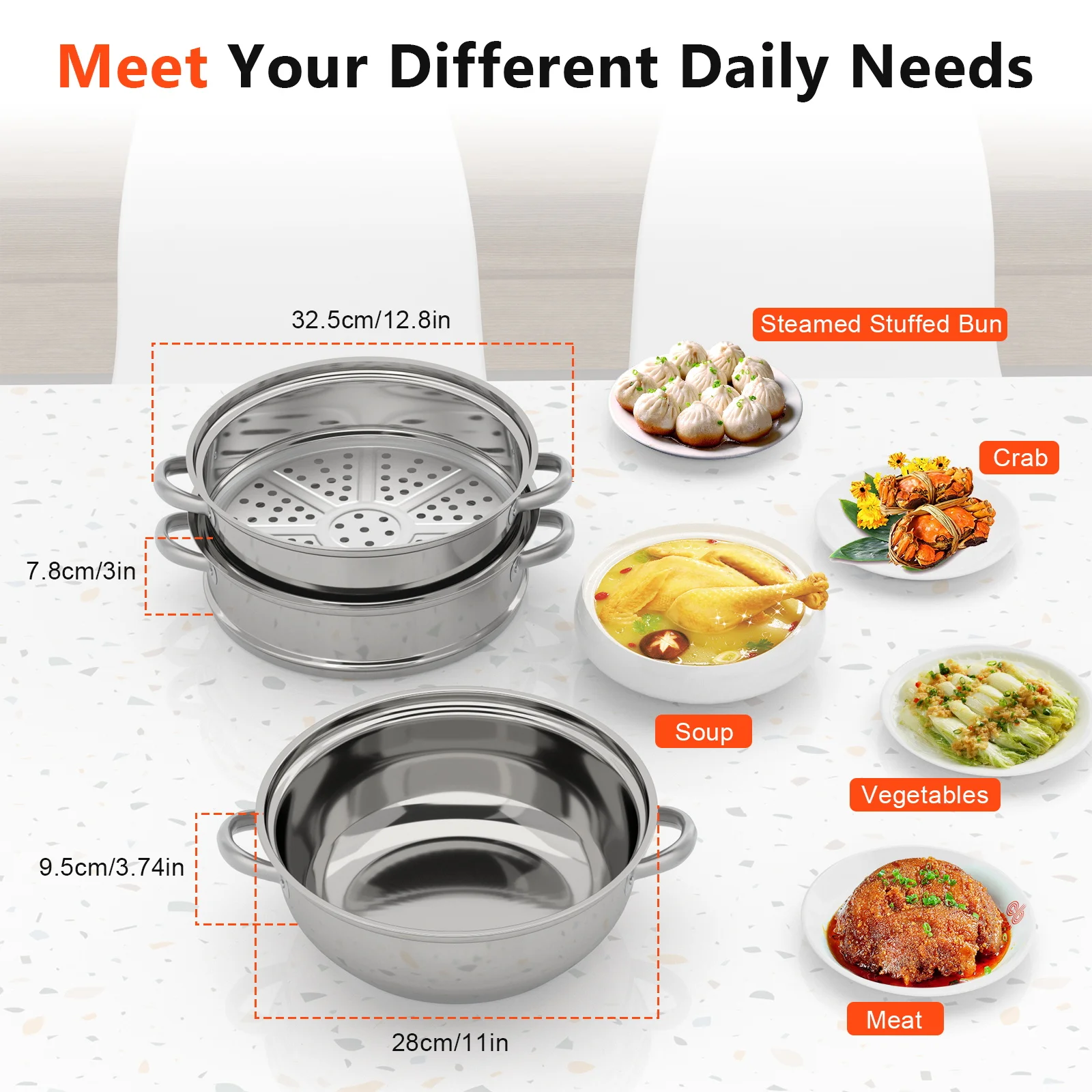 304 Stainless Steel 3 Tier Steamer Cooker Steam Pot Kitchen Food Cooking + Glass lid