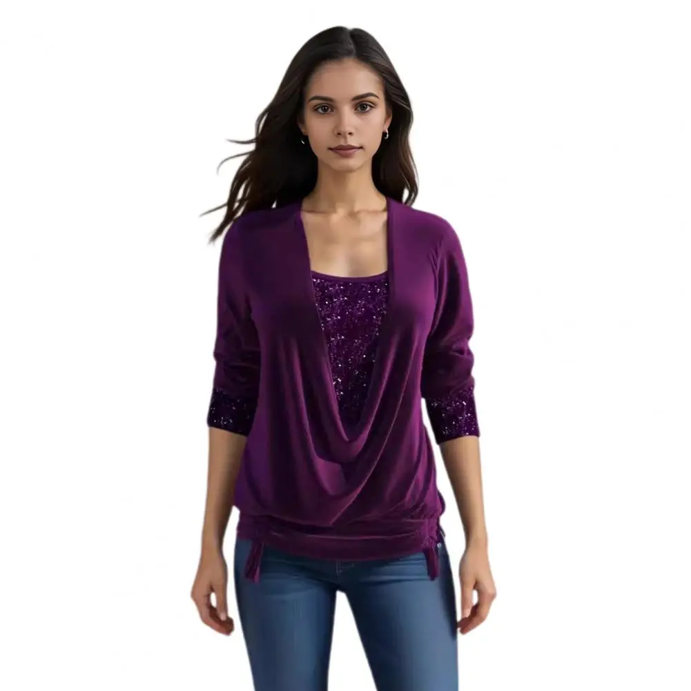 Blusa de terciopelo con cuello oscilante para mujer, Top elegante de manga larga con costura de lentejuelas, dobladillo con cordón, elegante