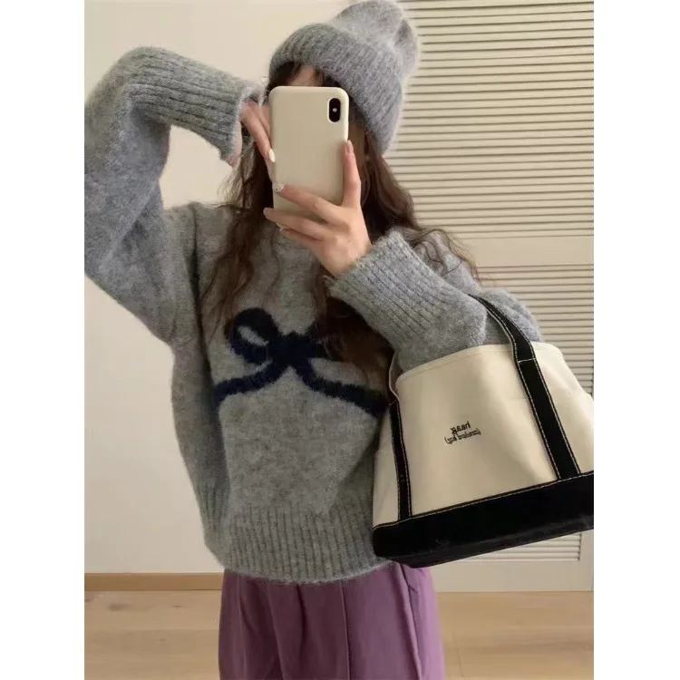 Cute  Knot round Ne Pullover Sweater Women's Spring Autumn Loose ort Knitted Top Comfortable Breathable Casual