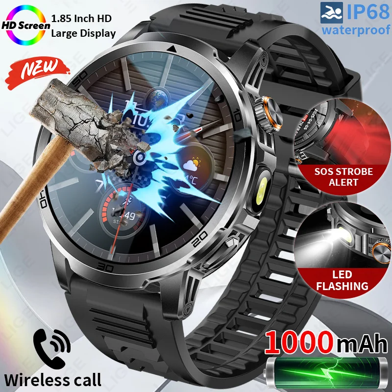 

LIGE 1000mAh Super Capacity Battery Adult Men Smart Watch Military Flashlight SOS Distress Light Voice Calling Sport Smartwatch