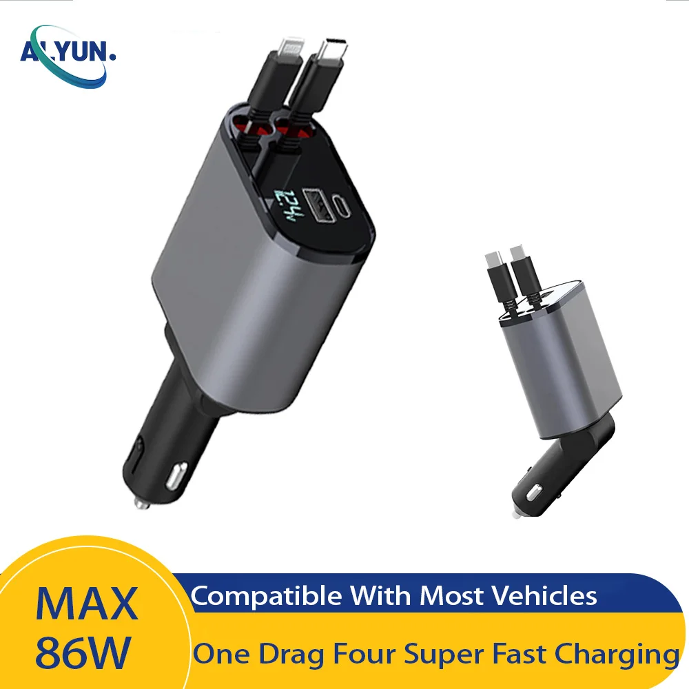 86W PD QC3.0 4IN 1 Flexible Retractable Car Fast Charger for Apple USB Type-C Super Fast Charger Cigarette Lighter Adapter