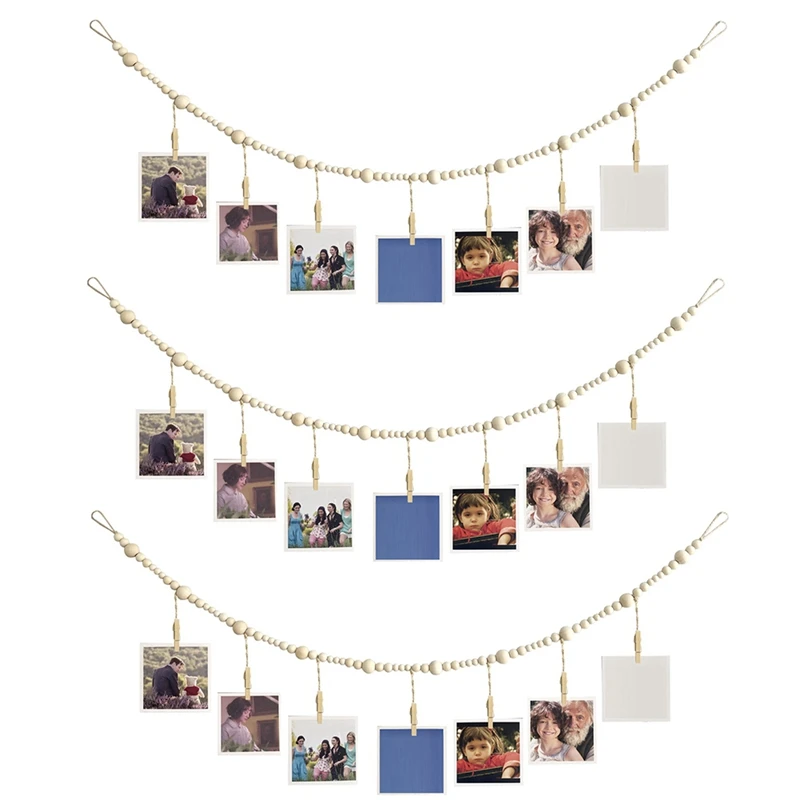 3Piece Hanging Photo Display Wall Decor Garland Collage Picture Frame With 7 Wood Clips For Home, Office