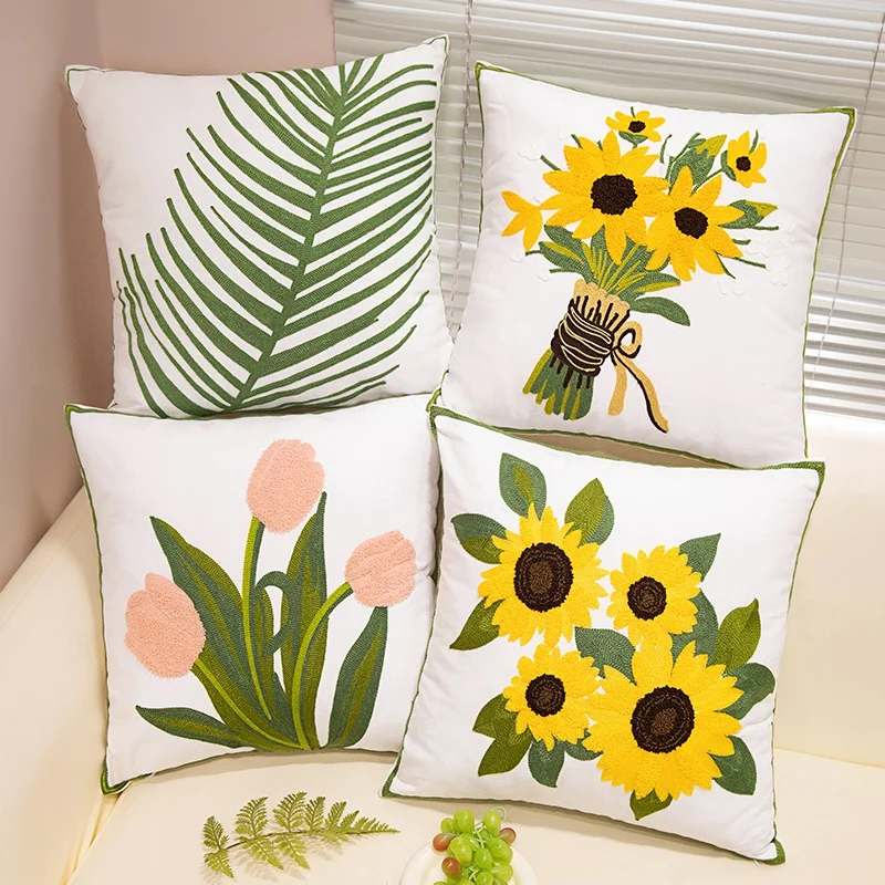 Oreiller en peluche pour maison rurale, 45CM, tournesol, tulipe, tortues, feuilles, Bouquet, sieste douce, coussin de canapé, Style pastoral, cadeaux de fête